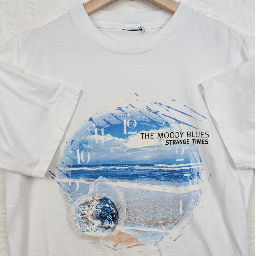 VTG The Moody Blues T-Shirt Mens Large White Strange Times Tour Classic Rock 90s